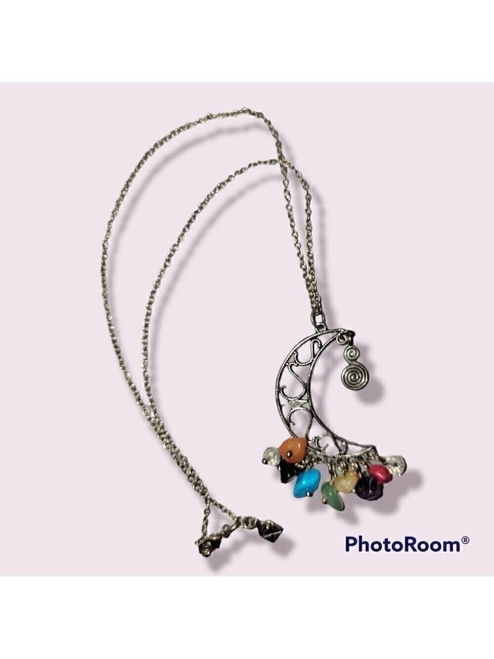 Moon Pendant with Stones and Silver Chain (N8)